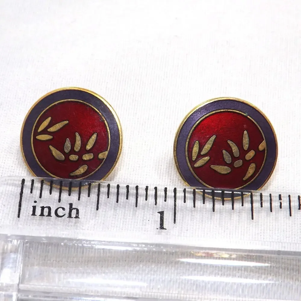 Laurel Burch Bamboo Red Post Earrings, Cloisonné Gold Plated, 1980s Vintage